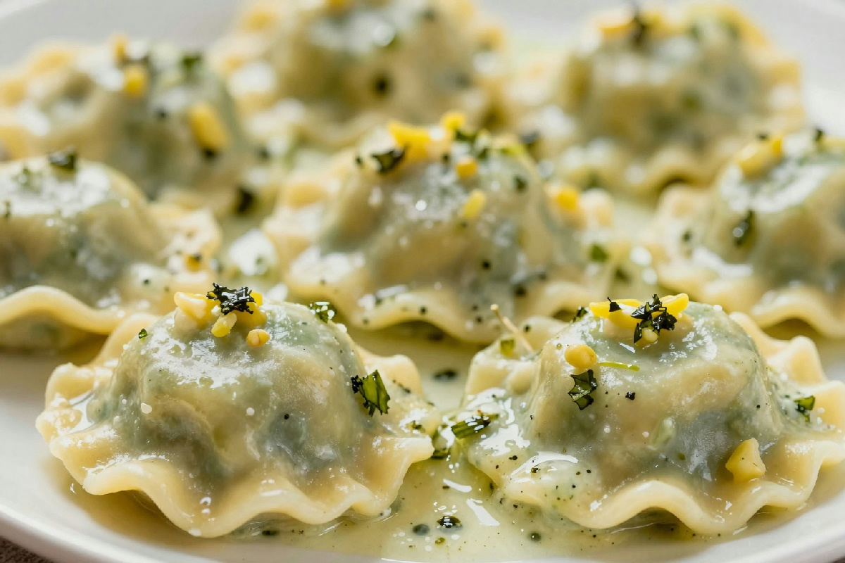 Ravioli ripieni di carciofi conditi con salsa leggera e profumi mediterranei